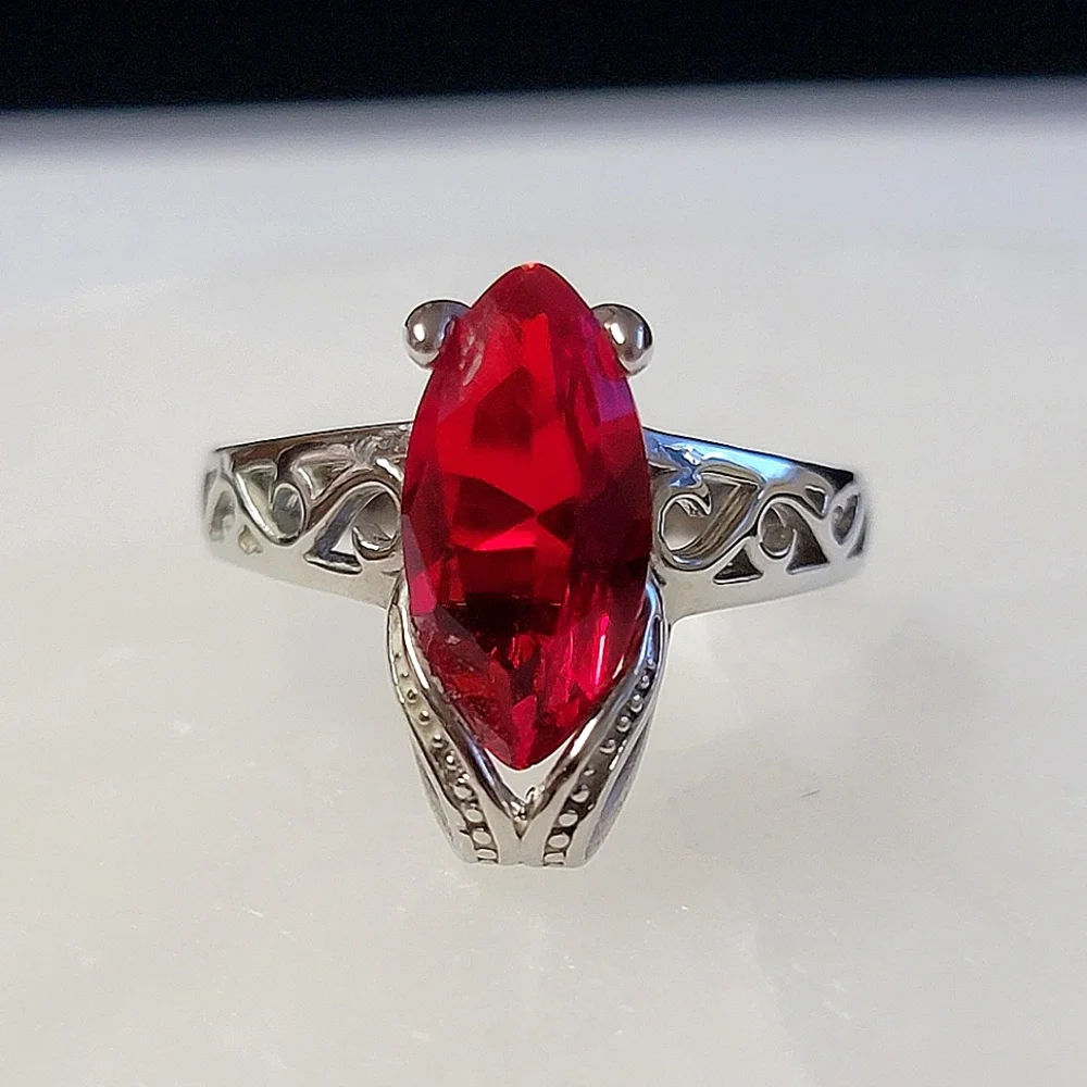 Faux Ruby Marquise Cocktail Ring Silver Tone